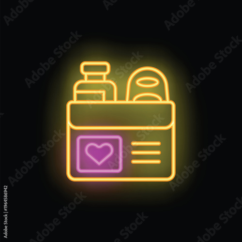 Neon icon of a donation box containing food and medicine, representing charitable giving