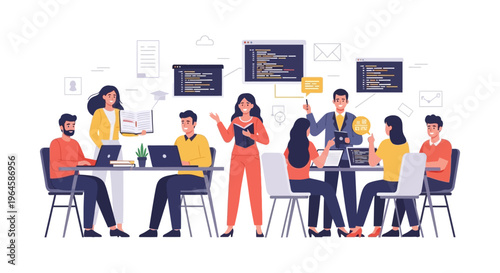 Coding Bootcamp, IT Development Team Meeting, and Corporate Training. Programmers collaborating and learning new software concepts.