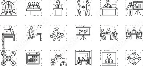Business management and corporate leadership line icon set featuring global networking partnership meeting presentation career growth and teamwork symbols