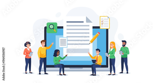 Digital Content Creation and Review Team. Collaborative Writing, Online Document Editing, and Workflow Management Illustration.