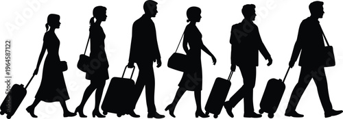Silhouette Icons of People Walking with Luggage for Travel, Vacation, and Adventure Themes