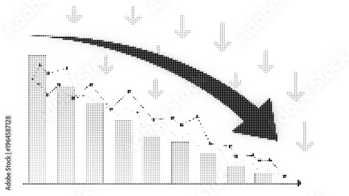 Financial crisis abstract concept showing downward trend graph with big arrow and arrows pointing down.