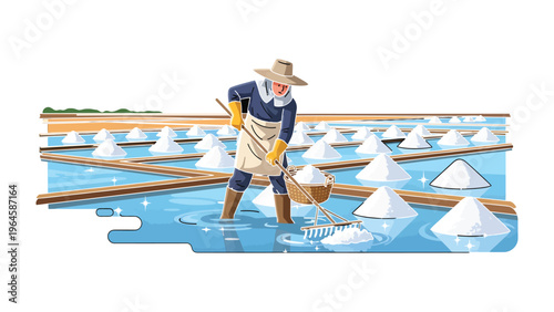 Salt Farmer's Harvest: An artisan, working diligently, gathers the crystallised bounty of a sun-kissed salt field. Witness the culmination of labor, dedication.