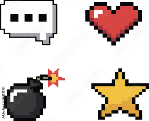 Pixel speech bubble heart bomb star on white background chat message love
