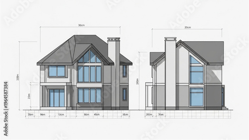 Vector CAD design style house exterior with measurements and blue windows
