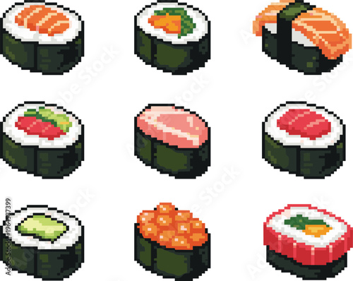 Pixel sushi rolls and nigiri with salmon avocado tuna and roe pixel salmon