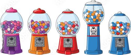 Colorful gumball machine collection, candy dispenser design, sweet snack concept, retro arcade style, childhood nostalgia theme, flat vector illustration