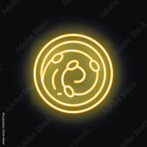 Yellow neon sign in the shape of a fictional planet glowing on a black background