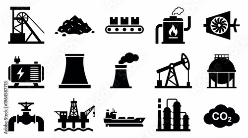 Industrial manufacturing and heavy energy production icons including oil rig factory mining equipment and power plant symbols, concept for industrial design, energy sector and environmental reports