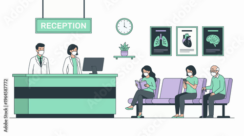 Medical administrators and doctors in masks working at hospital reception with patients waiting in lobby, concept for healthcare service, clinical management and medical insurance