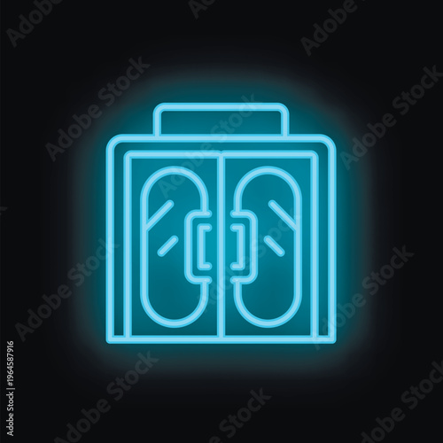 Blue neon icon of a changing room with two slippers, indicating a spa center or public bath