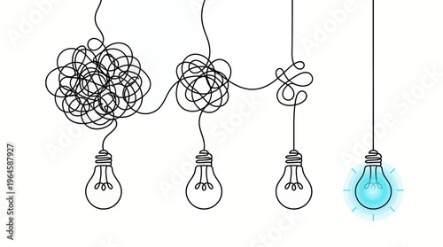 Minimalist illustration of tangled scribbled lines evolving into straight line with glowing blue light bulb, concept for creative problem solving, mental therapy and business innovation