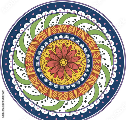 Colorful mandala design, geometric floral artwork, spiritual symmetry vector, meditation pattern illustration, decorative circular motif, vibrant art therapy, cultural symbolism