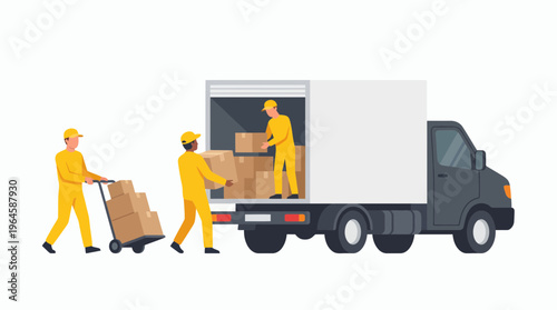 Group of warehouse logistics staff in yellow uniforms loading cardboard boxes into a white delivery truck on white background, concept for shipping services, supply chain and transport