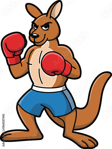 Cartoon kangaroo, boxing kangaroo, red gloves, blue shorts, vector mascot