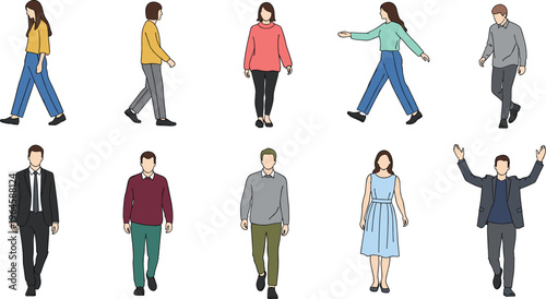 Flat style illustration of ten people in casual and formal clothing, arranged in two rows, showing diverse postures, gestures, and fashion styles for design artwork reference