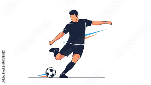 Soccer player kicking ball with vector CAD design style motion lines