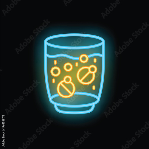 Neon sign of effervescent pills dissolving in a glass of water, ideal for topics like medication and healthcare