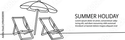 Summer holiday beach scene with deck chairs and umbrella