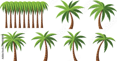 Diverse collection of cartoon-style palm trees, featuring both a uniform row and individual tropical trees with green fronds and brown trunks, isolated on white.