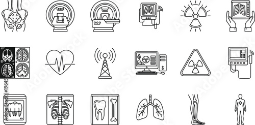 Medical radiology and diagnostic imaging vector icons set featuring MRI scanner x-ray machine radiation symbols and human body anatomy