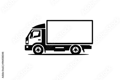 High-quality black and white vector silhouette icon of a compact box truck, perfect for delivery, logistics, shipping, freight, and moving services. This clean, modern graphic is ideal for websites, a