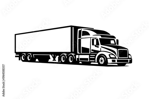 Black and white vector art of a modern semi-truck pulling a dry van trailer in a clean, dynamic side profile, ideal for logistics, freight, shipping, transport, delivery company branding and marketing