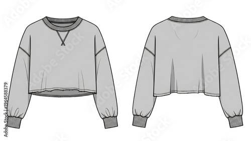 Vector CAD design style illustration of a gray cropped sweatshirt with front and back views