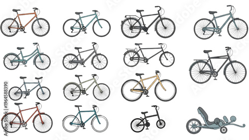 Vector illustrations of various bicycles in CAD design style on white