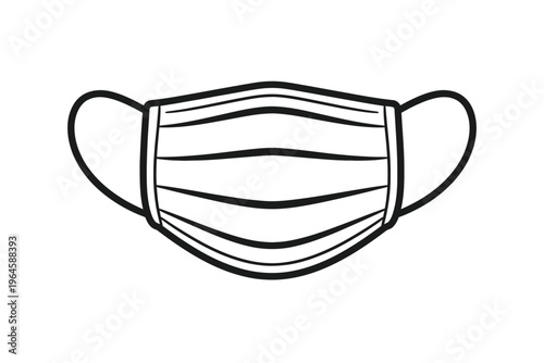 Simple black and white line drawing of a disposable surgical medical face mask with ear loops, representing health protection, disease prevention, and personal safety. Essential protective equipment i