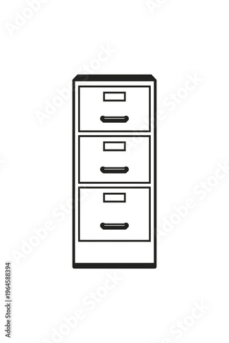 Sleek Black and White Line Art Icon of a Three-Drawer Filing Cabinet for Office Document Storage and Organization, Ideal for Business, Home Office, or Archival Systems, Minimalist Design Vector Graphi