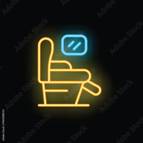 Neon sign of airplane seat with closed window on black background