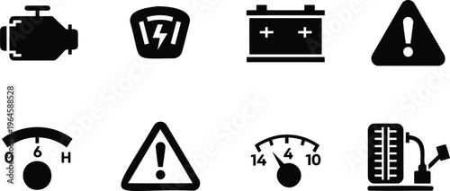 set of dashboard warning lights, automotive ui ux icons in silhouette format for car vehicle control panels and infotainment systems