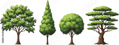 A diverse collection of four cartoon-style trees, featuring varied shapes including broadleaf, conical, round, and tiered foliage, isolated on a clean white background.