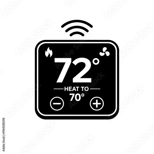 Smart Home Thermostat Icon Displaying Current Temperature of 72 Degrees and Heating Setpoint of 70 Degrees with Flame and Fan Indicators, Plus Wi-Fi Connectivity and Adjustable Temperature Controls fo