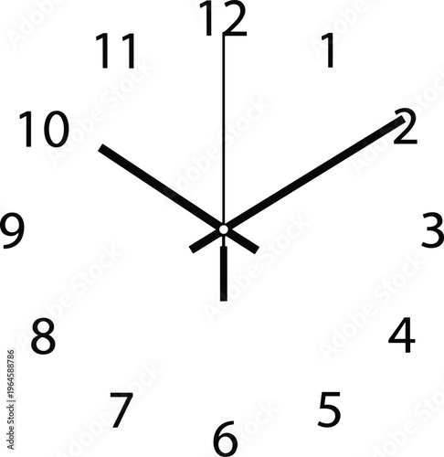 Minimalist analog clock face vector illustration featuring simple black hands and numbers on a white background design