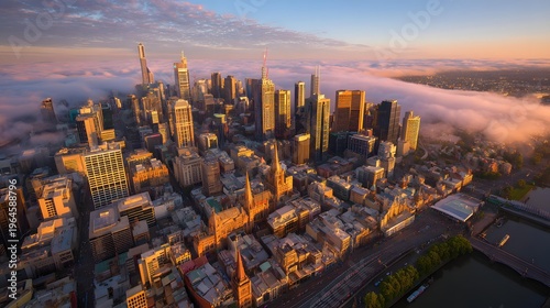 cityscape emerging from morning fog, elegant towers gradually revealed through mist