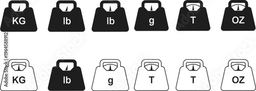 Weight measurement unit icons set featuring kilogram pound gram ton and ounce symbols isolated on white background