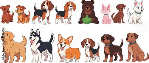 Cute Dog Cartoon Character Set Vector Illustration with Puppy Breeds, Pet Companions, and Adorable Domestic Animals for Kids Design