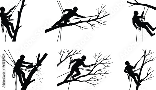 Arborist tree trimming silhouettes vector set with rope access worker cutting branches chainsaw safety gear black silhouette isolated forestry design pack