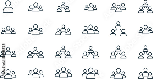 Minimalist line icon set of people group silhouettes and team hierarchy structures for business and website user interfaces