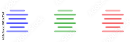 A set of three glowing neon line icons in blue green and red representing text alignment or list structure on a white background