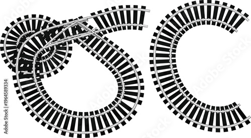 Curved railway track vector illustration featuring realistic train rail paths and junction switch isolated on white background