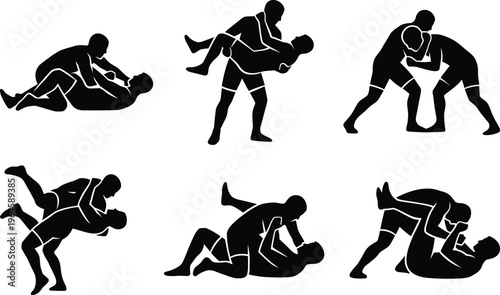 Wrestling silhouettes vector set with grappling fighters poses takedown combat positions athletes training black silhouette collection isolated sports design pack