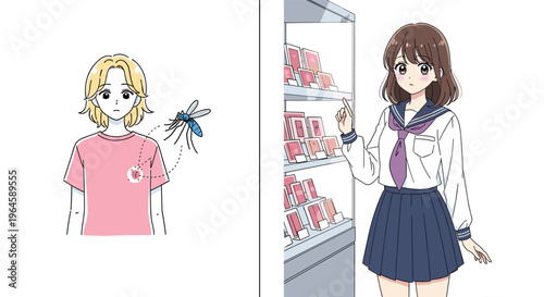 Manga girl with mosquito bite vector illustration for healthcare and summer insect protection design