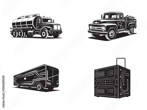 Vintage styled black and white illustration featuring a fuel truck pickup trailer and server high quality