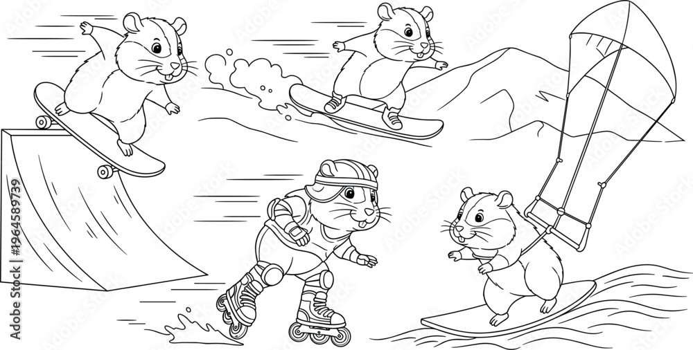 Obraz premium Cute hamster extreme sports vector set with skateboarding, skiing, roller skating and windsurfing, cartoon outline illustration collection