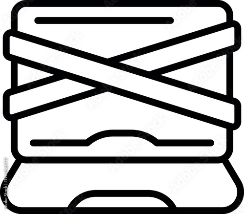 Laptop wrapped with crossed tapes, suggesting repair, packaging, or security measures