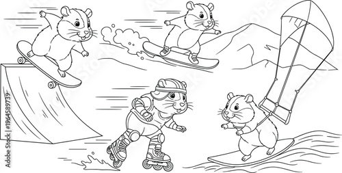 Cute hamster extreme sports vector set with skateboarding, skiing, roller skating and windsurfing, cartoon outline illustration collection