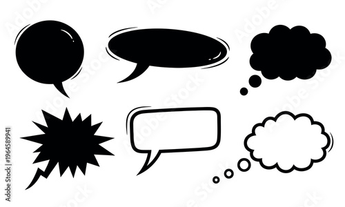 Collection of six comic book style speech and thought bubbles in silhouette